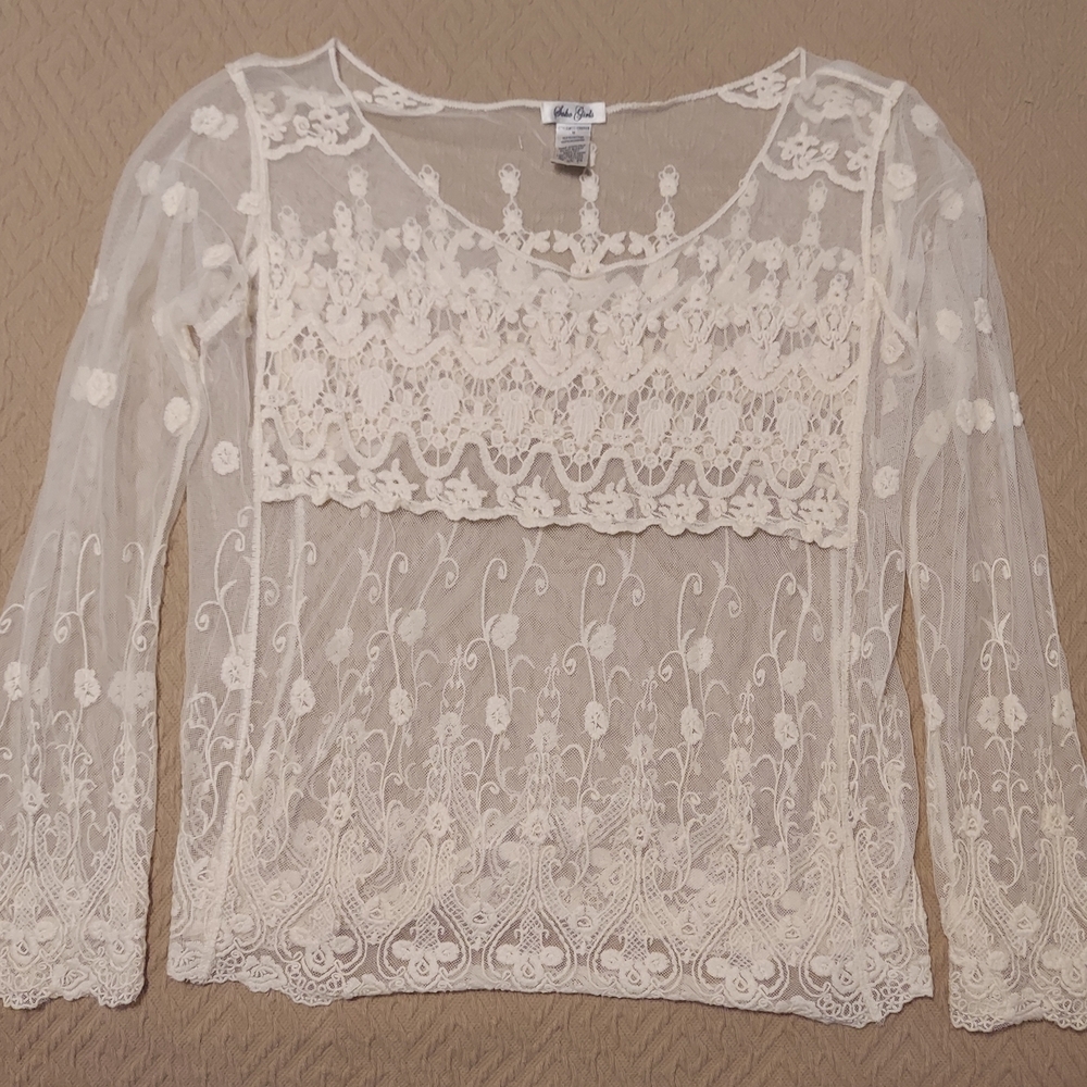 Soho Girls Women's Cream Sheer Lace Long Sleeve Cotton Top Size M